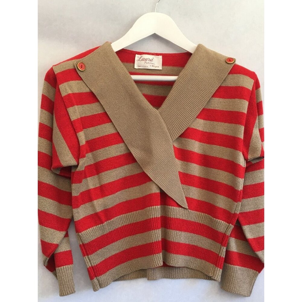 Vintage 70s Laura Petites by Alyzia Red Brown Striped Short Sleeve Sweater Knit